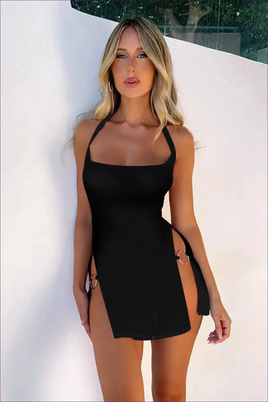 Steal The Spotlight In Lingerie Hut’s Sexy Halter Ring Detail Bodycon Dress. Limited Edition, Curve-enhancing,