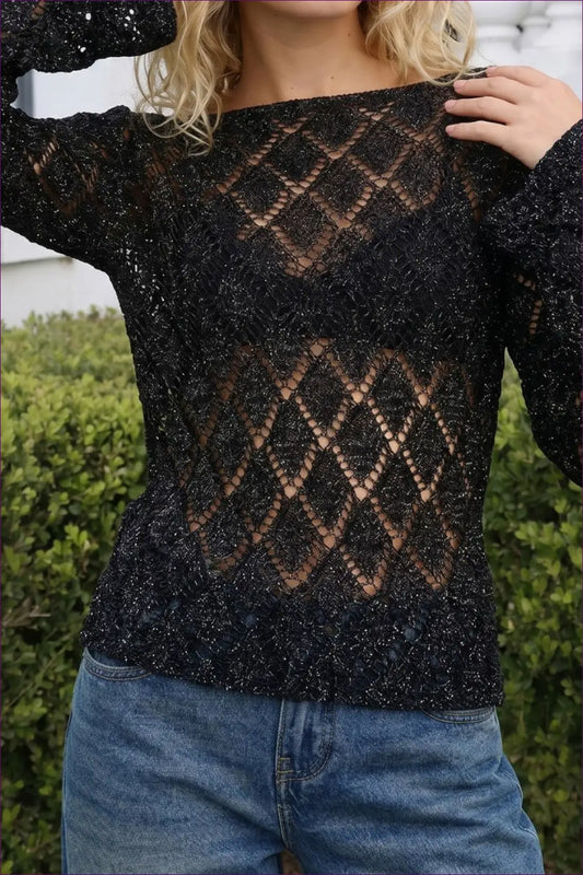 Black Open Knit Top with Diamond Pattern - After Dark - Casual • Glamour • just in • Mesh • Metallic - Lingerie Hut