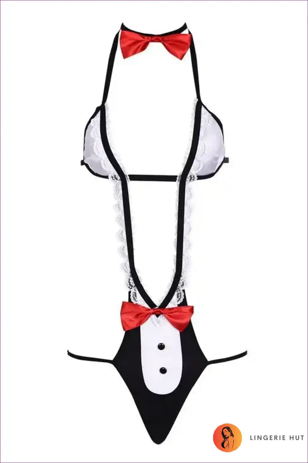 Sexy Maid Bodysuit with Ruffle Trim and Bow Tie - Bedroom Playful for Bodysuit, Boudoir, Costume, Cutout,