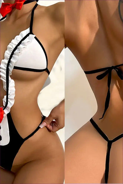 Sexy Maid Bodysuit with Ruffle Trim and Bow Tie - Bedroom Playful for Bodysuit, Boudoir, Costume, Cutout,