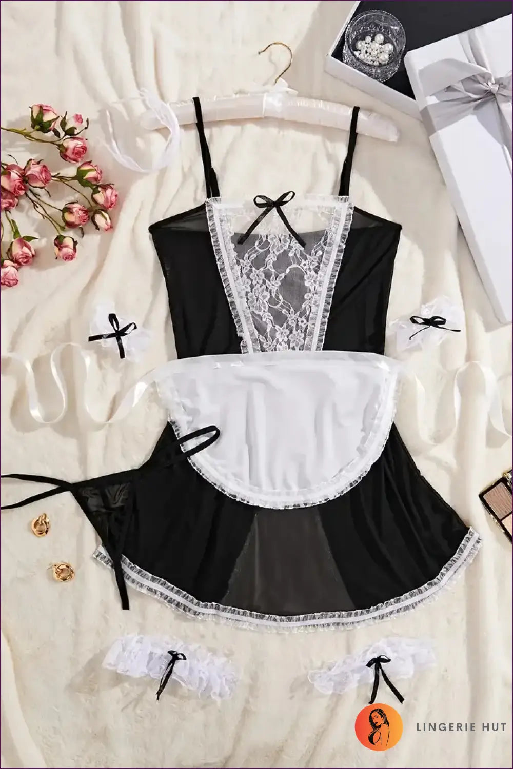 Maid Costume with Crotchless Mesh Detail - 08 / one Size - Backless • Cutout • Lace - Lingerie Hut