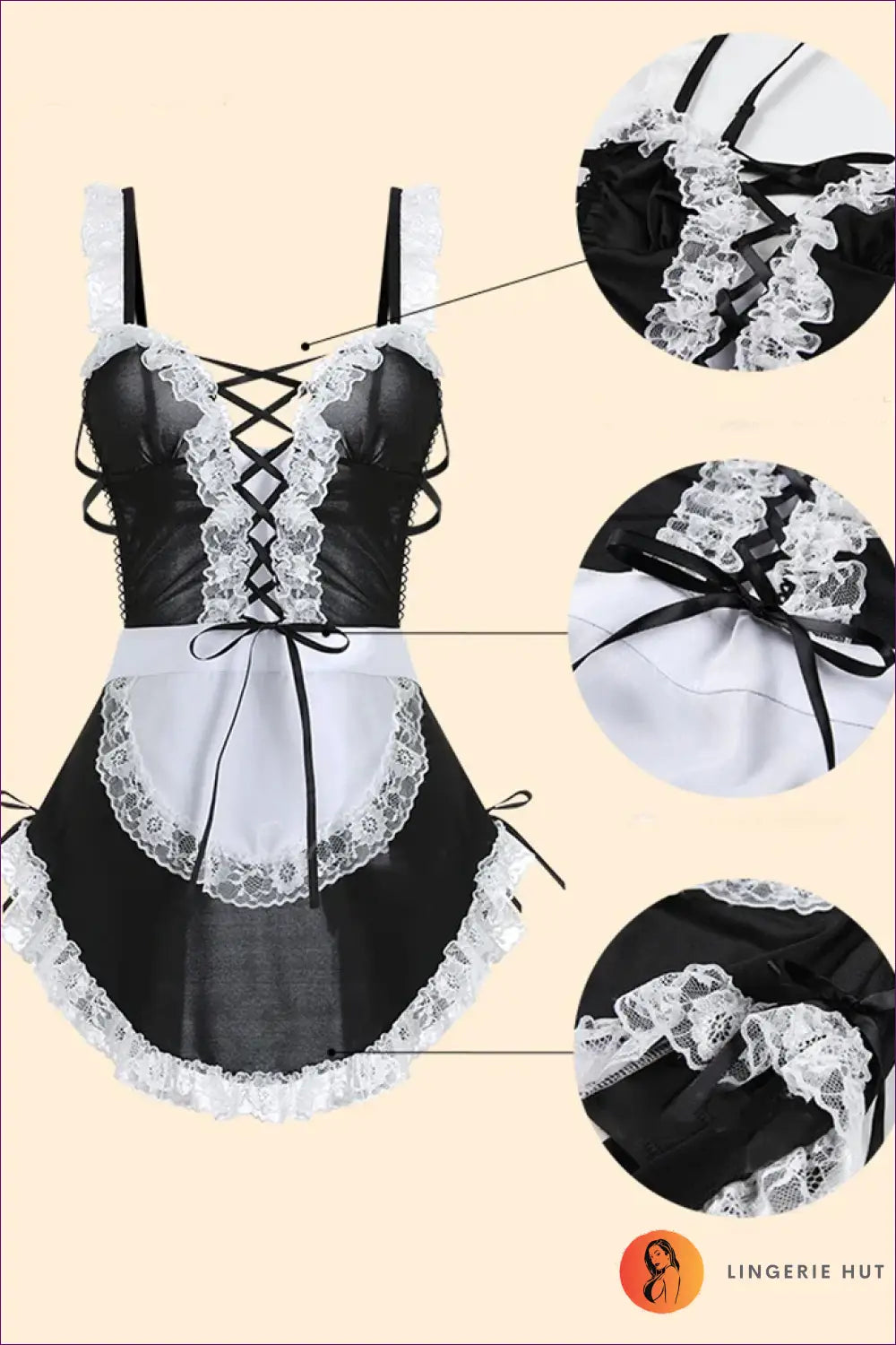 Maid Costume with Crotchless Mesh Detail - 03 / one Size - Backless • Cutout • Lace - Lingerie Hut