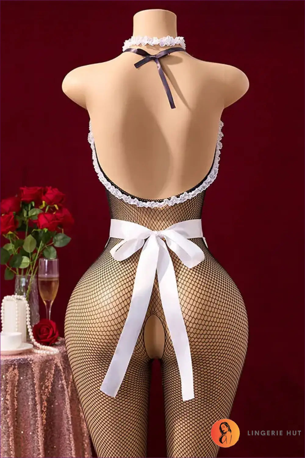 Maid Costume with Crotchless Mesh Detail - Backless • Cutout • Lace - Lingerie Hut