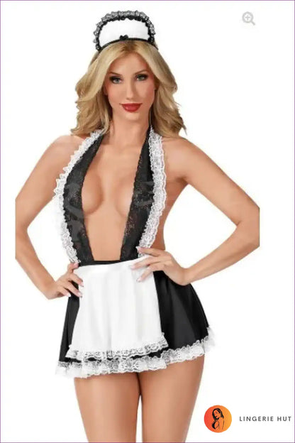 Sexy Maid Costume with Deep Plunge and Lace Trim - Nighttime Mischief for Boudoir, Clubwear, Costume, Halter,