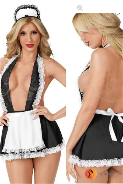Sexy Maid Costume with Deep Plunge and Lace Trim - Nighttime Mischief for Boudoir, Clubwear, Costume, Halter,