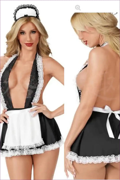 Sexy Maid Costume with Deep Plunge and Lace Trim - Nighttime Mischief for Boudoir, Clubwear, Costume, Halter,