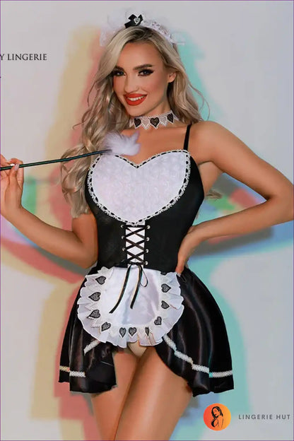 Sexy Maid Costume with Heart Apron Detail - Playful Fantasy for Boudoir, Choker, Costume, Evening Wear,