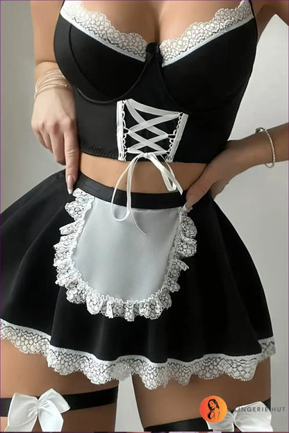 Sexy Maid Costume with Lace Apron and Bows - Playful Fantasy for Boudoir, Choker, Costume, Garter,