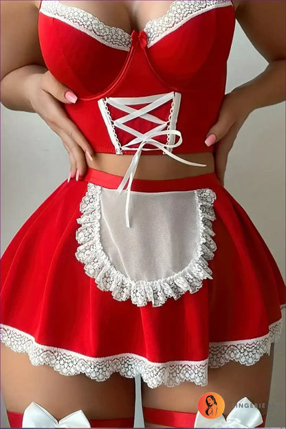 Sexy Maid Costume with Lace Apron and Bows - Playful Fantasy for Boudoir, Choker, Costume, Garter,