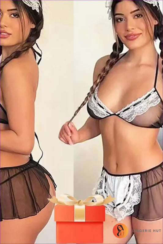 Sexy Maid Costume with Sheer Bralette and Skirt - Playful Escape for Boudoir, Costume, just In, Lace, Lingerie