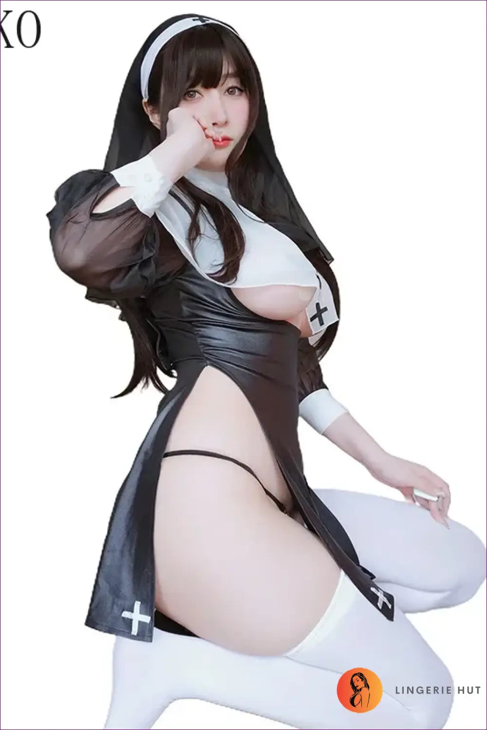 Sexy Nun Costume Set with Sheer Sleeves - After-dark Fantasy - Outfit - Date Night • Halloween • Mesh • Mini - Lingerie