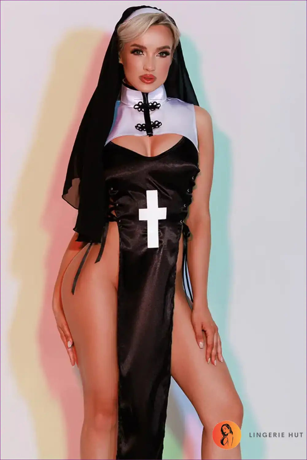 Sexy Nun Costume with Side Slit Dress & Veil - Mysterious Allure for Boudoir, Clubwear, Costume, Dress,