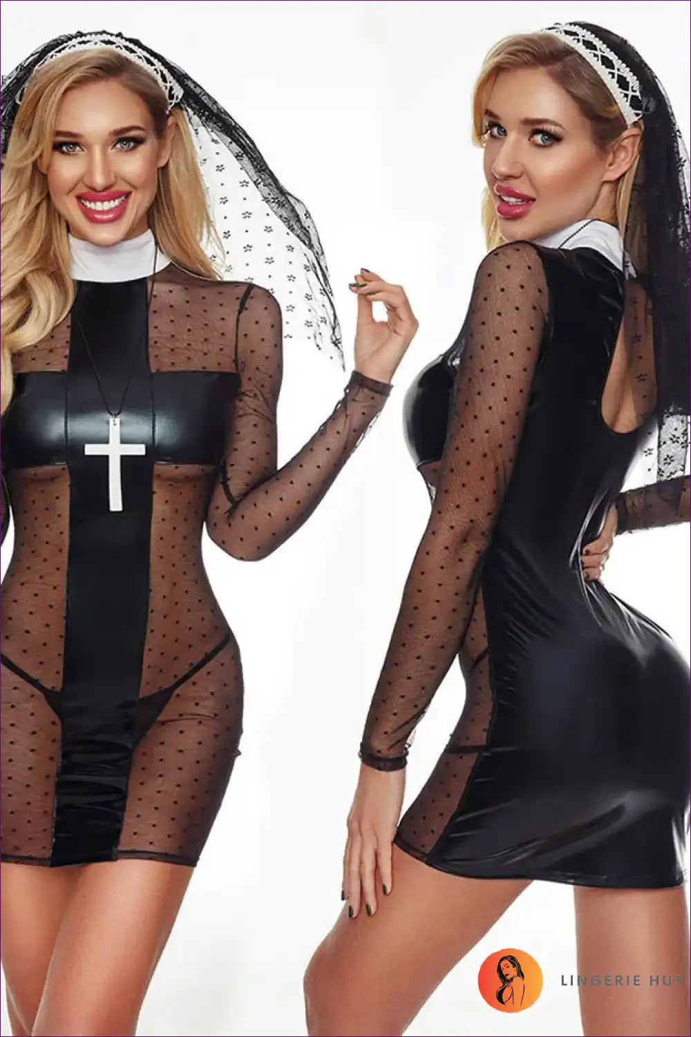 Sexy Nun Costume with Side Slit Dress & Veil - Mysterious Allure for Boudoir, Clubwear, Costume, Dress,