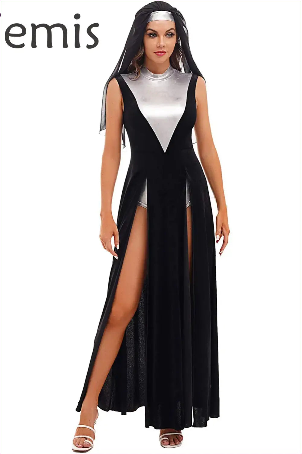 Sexy Nun Costume with Silver Bodice - After-dark Mystery - Outfit Set - Cutout • Evening Wear • Formal • Halloween