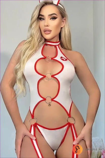 Sexy Nurse Costume with Cut-out Bodysuit and O-ring Detail - Bold Fantasy for Bodysuit, Boudoir, Clubwear,