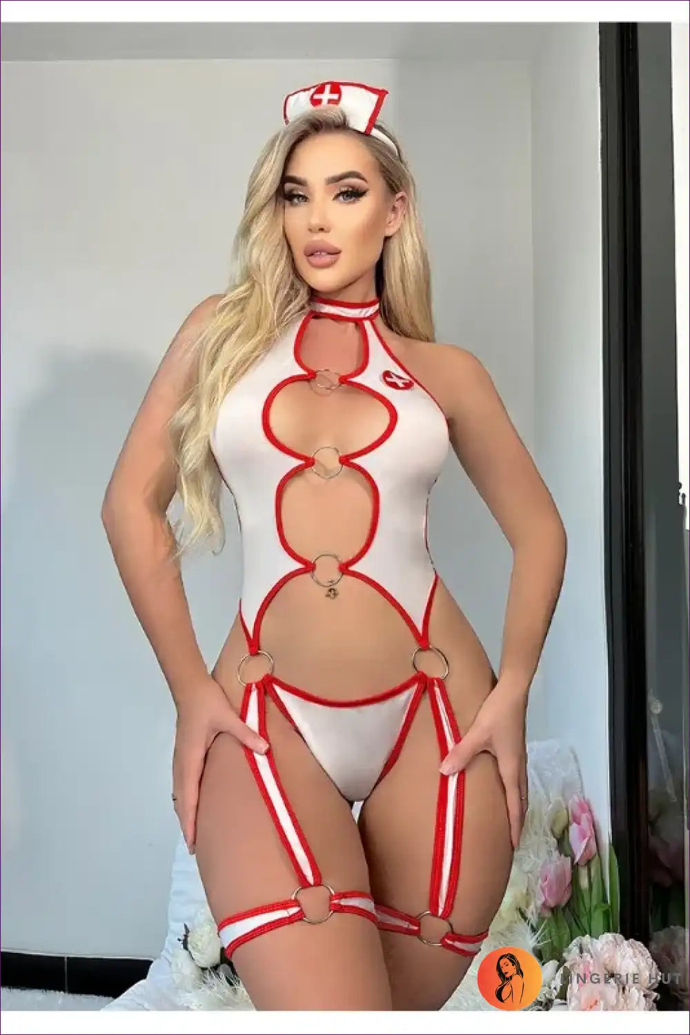 Sexy Nurse Costume with Cut-out Bodysuit and O-ring Detail - Bold Fantasy for Bodysuit, Boudoir, Clubwear,