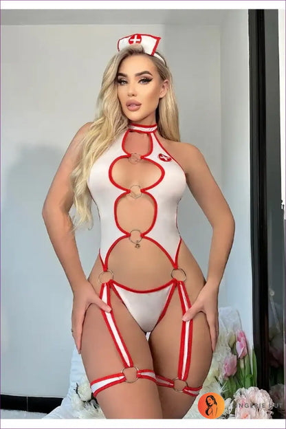 Sexy Nurse Costume with Cut-out Bodysuit and O-ring Detail - Bold Fantasy for Bodysuit, Boudoir, Clubwear,