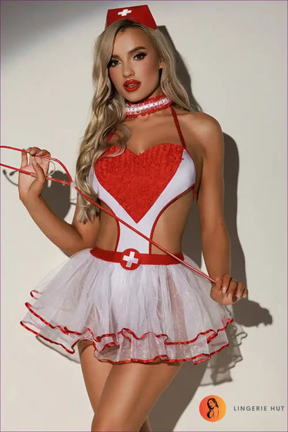 Sexy Nurse Costume with Heart Bodice & Fluffy Skirt - Playful Escape for Boudoir, Choker, Costume, Evening