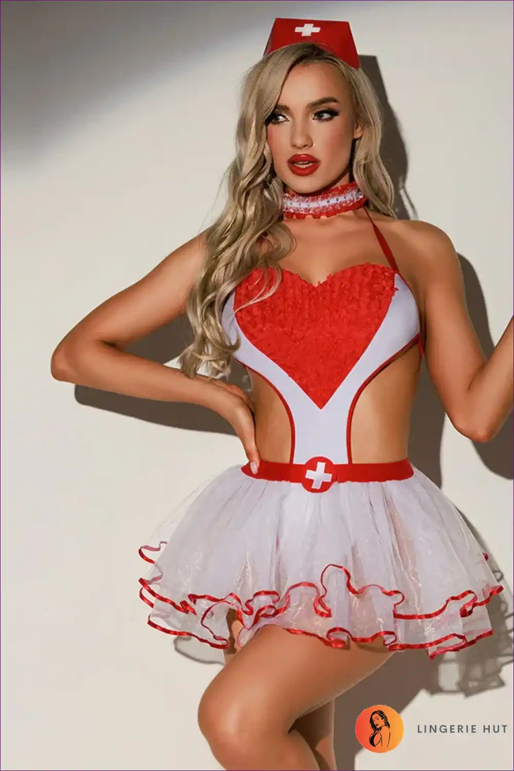 Sexy Nurse Costume with Heart Bodice & Fluffy Skirt - Playful Escape for Boudoir, Choker, Costume, Evening