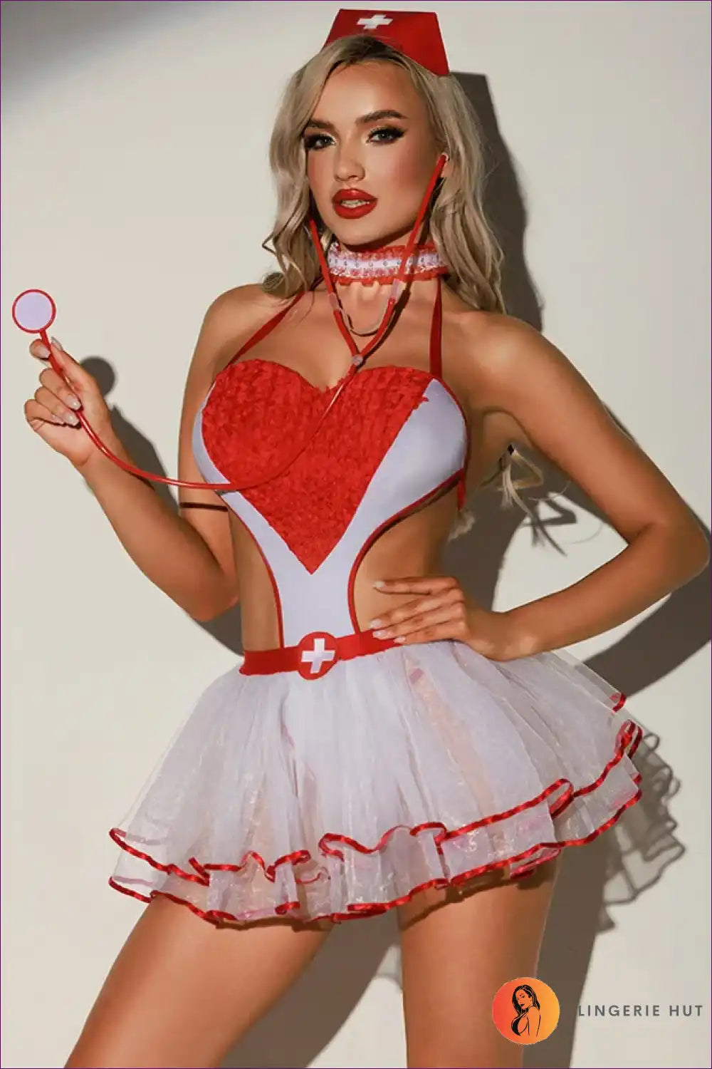 Sexy Nurse Costume with Heart Bodice & Fluffy Skirt - Playful Escape for Boudoir, Choker, Costume, Evening