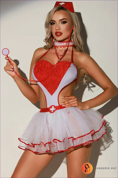 Sexy Nurse Costume with Heart Bodice & Fluffy Skirt - Playful Escape for Boudoir, Choker, Costume, Evening