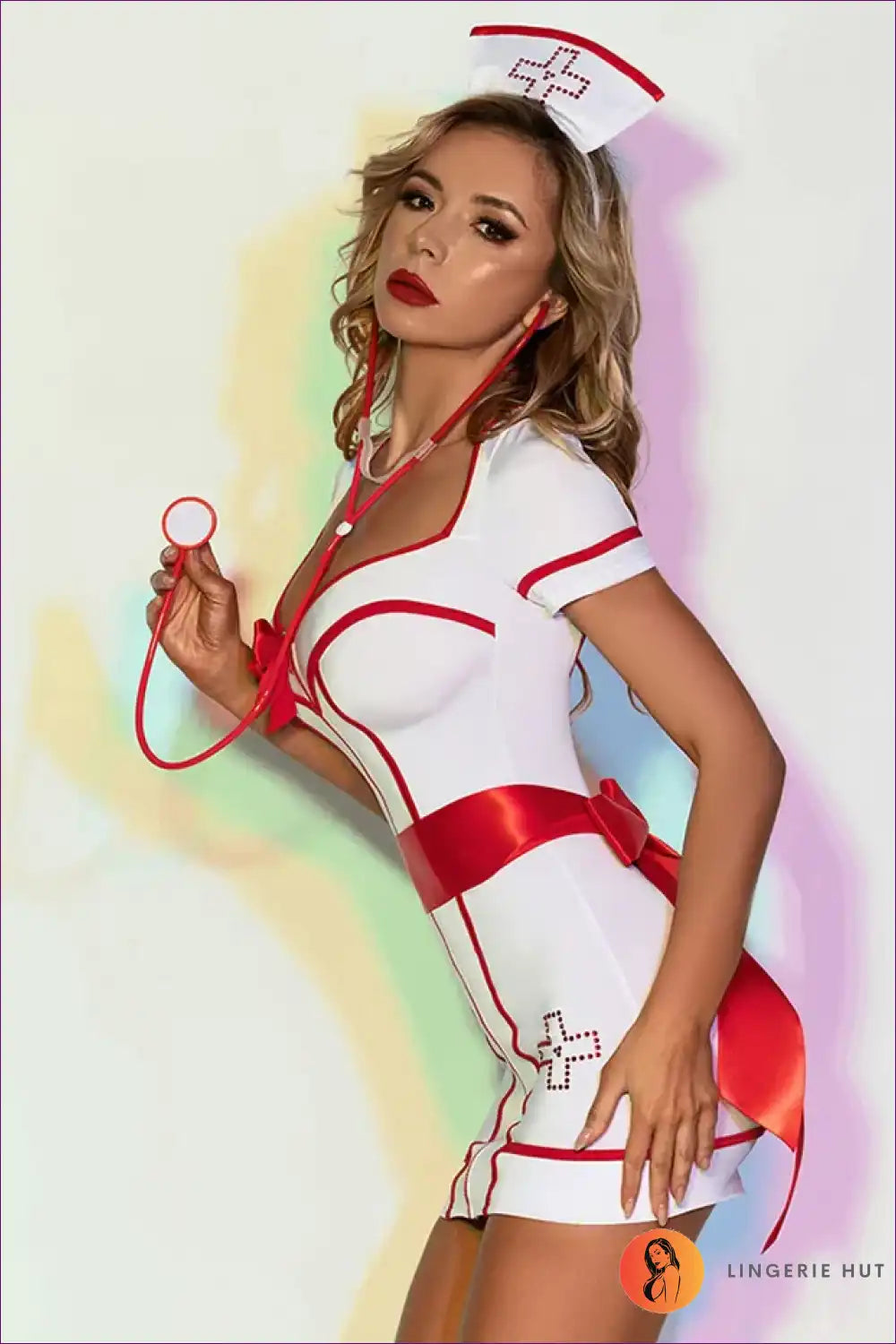 Sexy Nurse Costume with Red Bow Accents - Playful Confidence for Bodycon, Boudoir, Costume, Date Night,