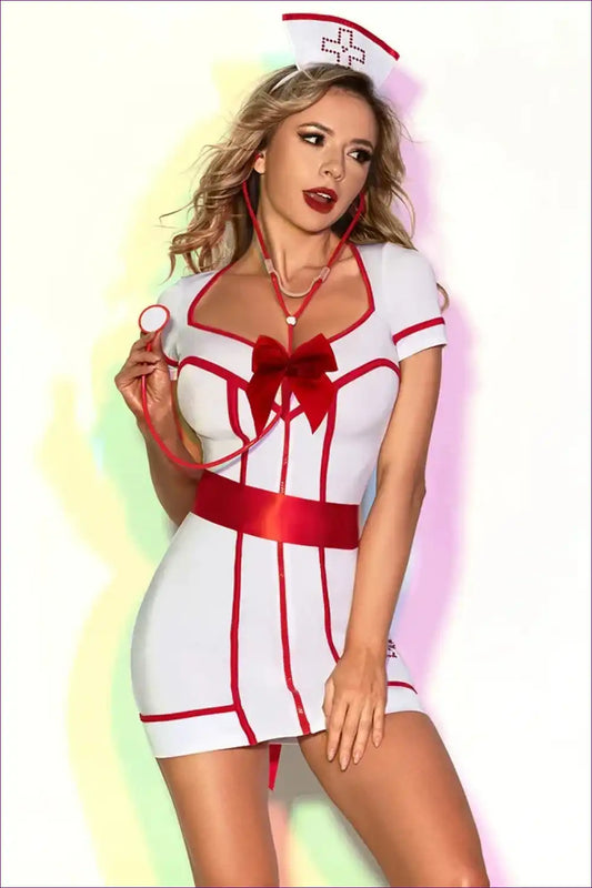 Sexy Nurse Costume with Red Bow Detail - Playful Confidence for Boudoir, Clubwear, Costume, Evening Wear,