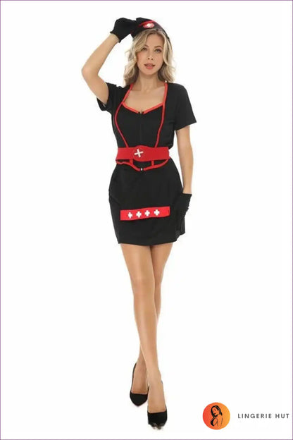 Sexy Nurse Costume with Red Trim and Belt - Statement Roleplay for Boudoir, Clubwear, Costume, Evening Wear,