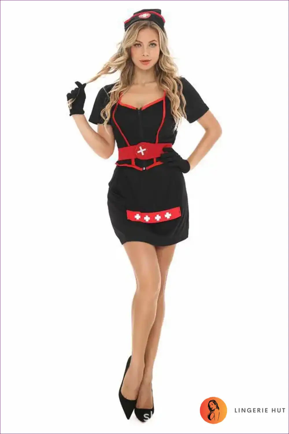 Sexy Nurse Costume with Red Trim and Belt - Statement Roleplay for Boudoir, Clubwear, Costume, Evening Wear,