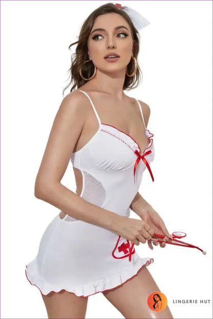 Sexy Nurse Costume with Ruffle Hem and Pockets - Role-play Essential for Boudoir, Clubwear, Costume, Date