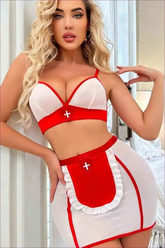 Sexy Nurse Costume Set - Playful Red & White Lingerie 💋 for Boudoir, Costume,