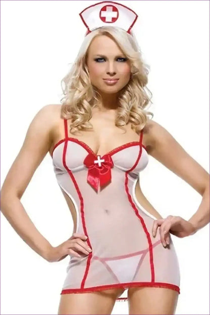 Sexy Nurse Costume with Sheer Skirt and Bow Detail - Playful Confidence for Babydoll, Boudoir, Costume, Date