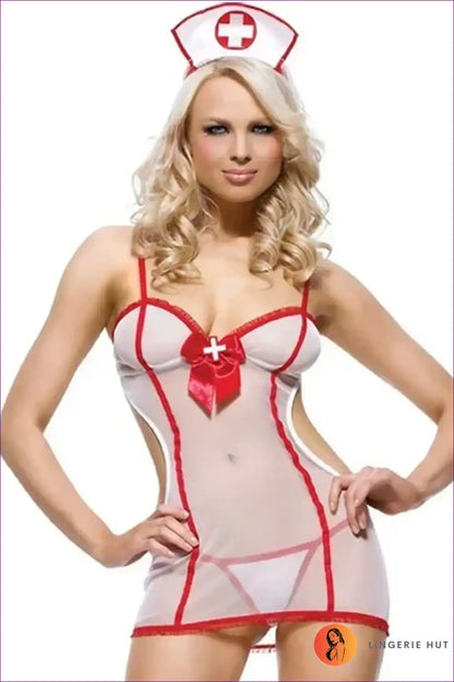 Sexy Nurse Costume with Sheer Skirt and Bow Detail - Playful Confidence for Babydoll, Boudoir, Costume, Date