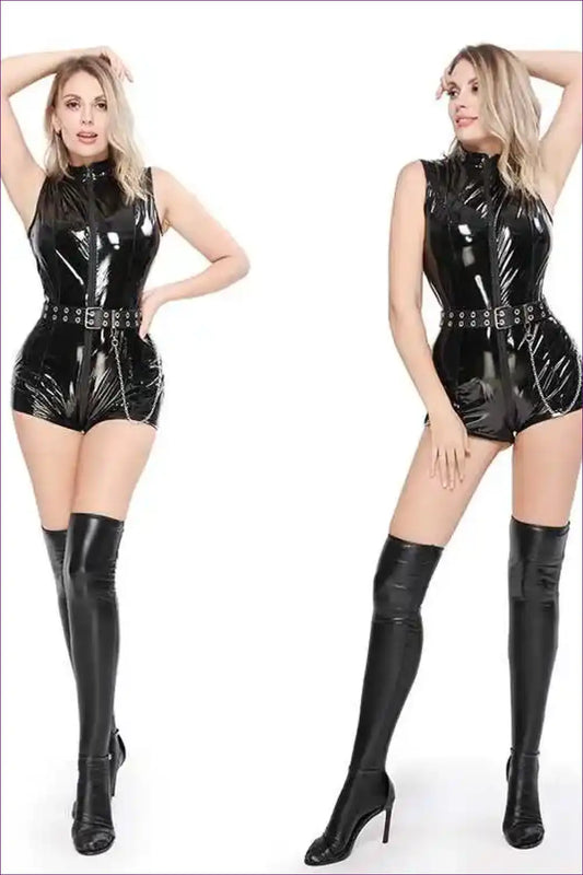 Sexy Police Bodysuit with Zip Front and Belt - Nightclub Energy for Bodysuit, Clubwear, Costume, Evening