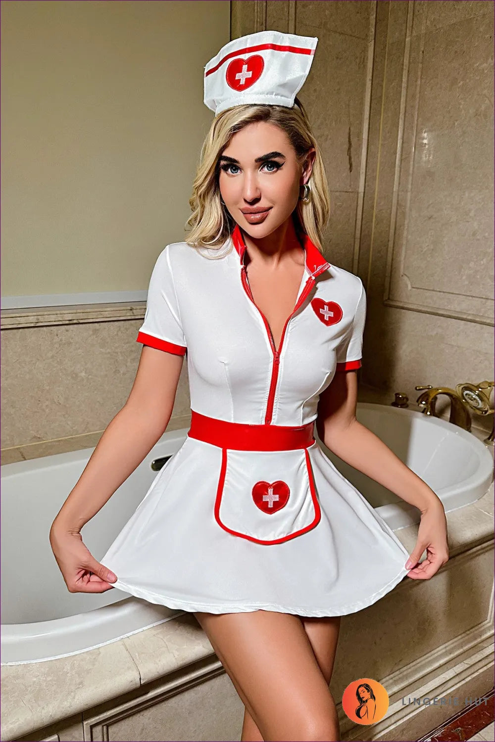 Step Into a World Of Fantasy With Lingerie Hut’s Sexy Role Play Nurses Uniform. Zipper Detail And Solid