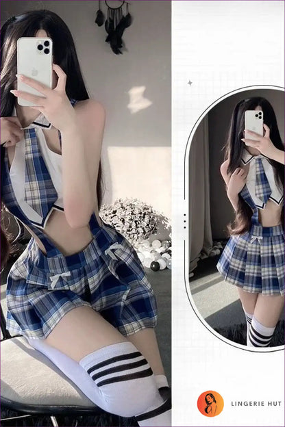 Sexy Schoolgirl Costume with Cut-out Bodice - Playful Confidence for Boudoir, Clubwear, Costume, Cutout,