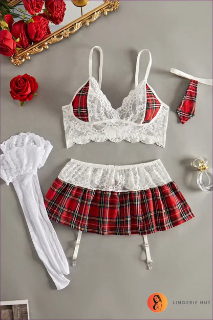 Sexy Schoolgirl Costume with Lace Trim and Plaid Skirt - Playful Escape for Boudoir, Choker, Costume,