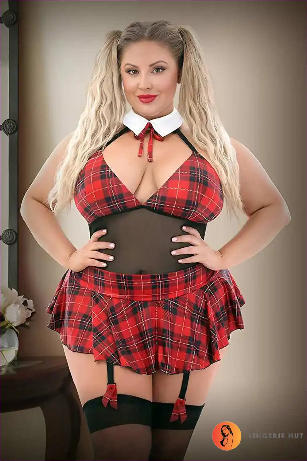 Sexy Schoolgirl Costume with Mesh Waist - Playful Confidence for Boudoir, Costume, Garter, Halter,
