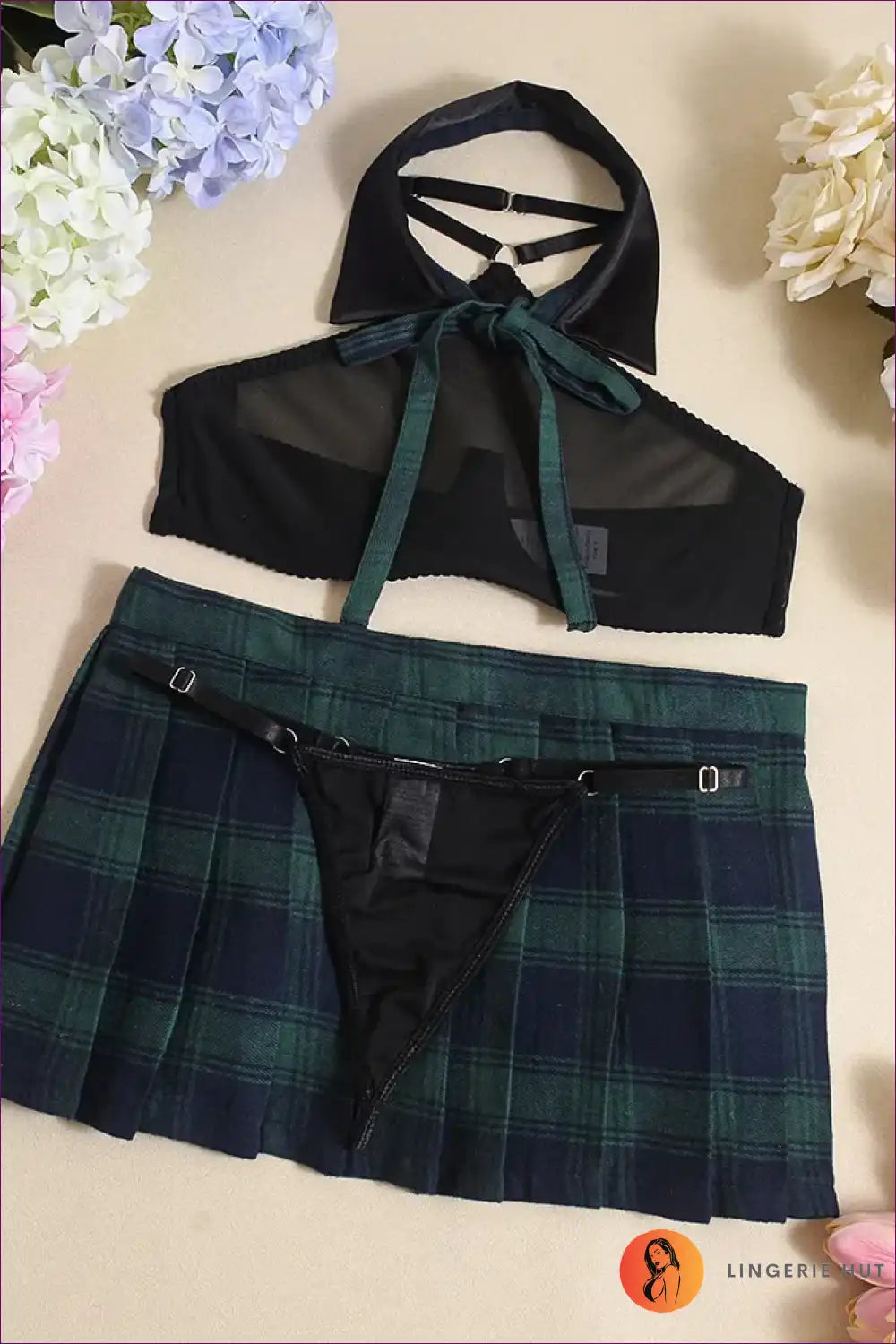 Sexy Schoolgirl Costume with Sheer Halter Bra - Playful Fantasy for Costume, Halter, just In, Lingerie, Mesh