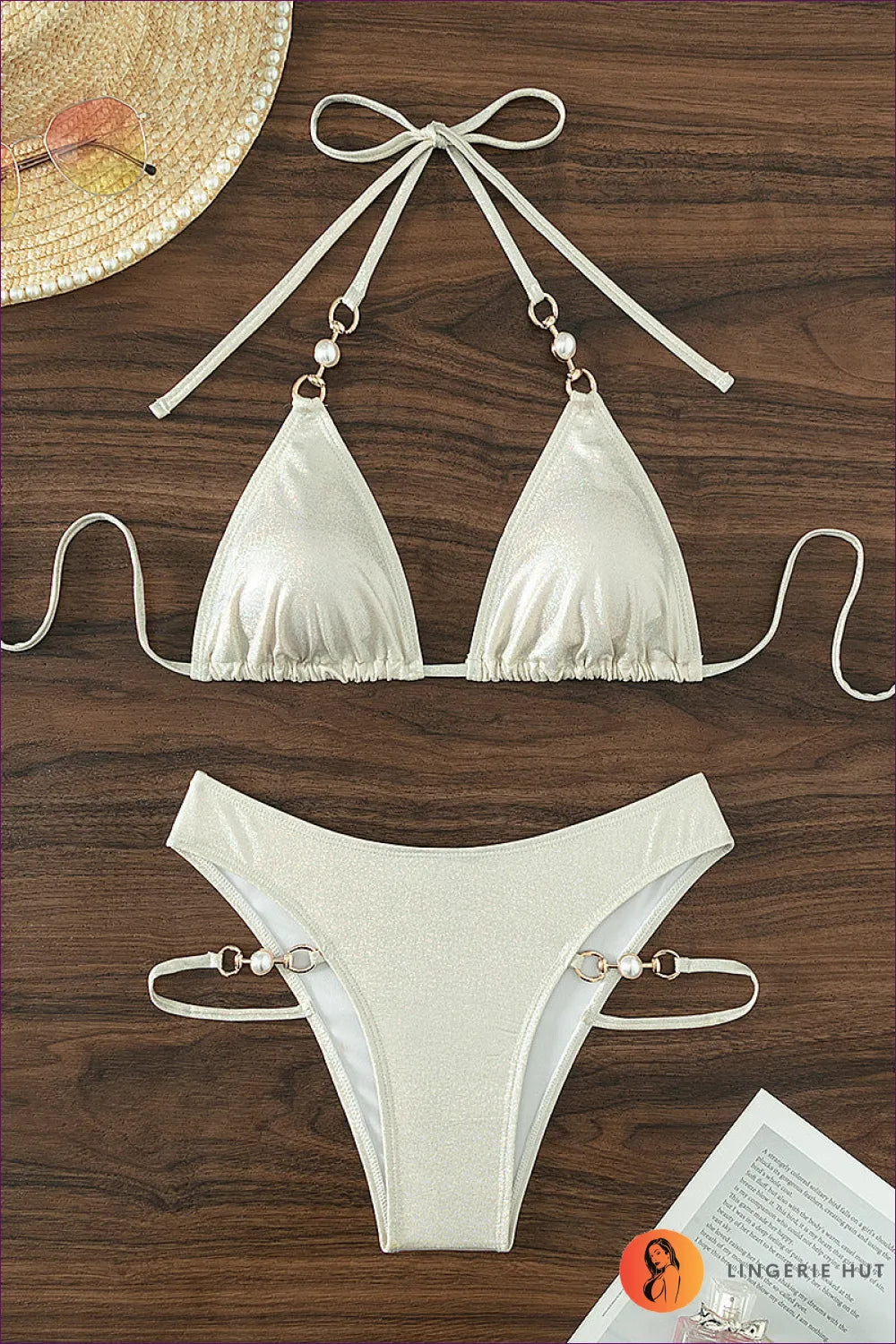 Ignite Beach Envy With Our Sexy Split Bikini With Bronze Pearl Detail. Captivating Split Design And Luxurious