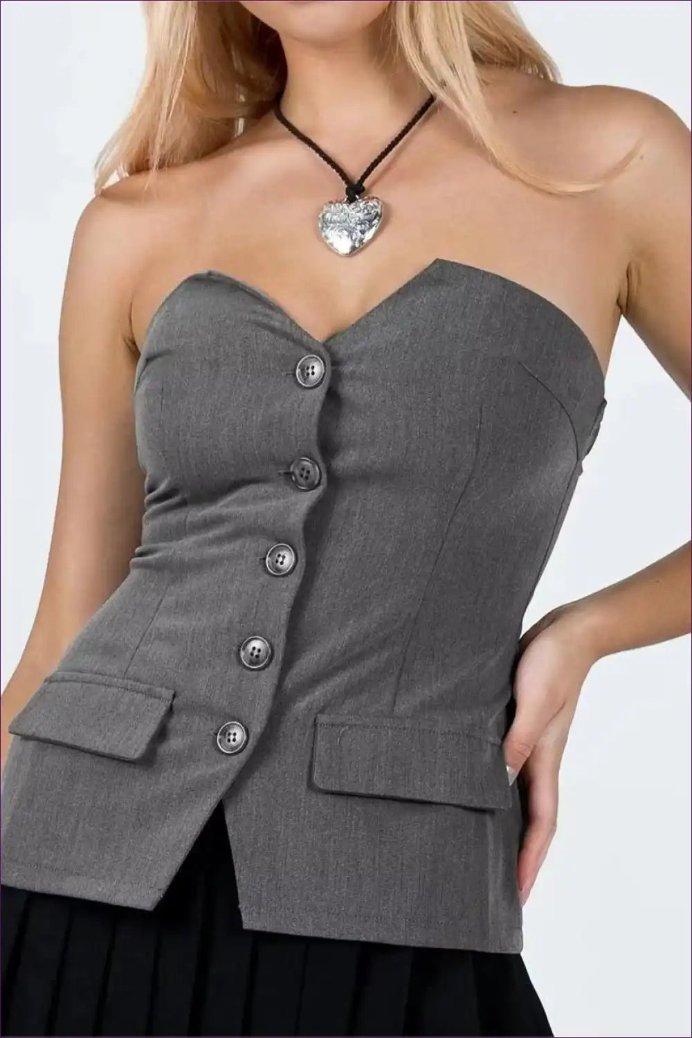 Get Ready For a Summer Sensation! Our Sexy Strapless Tube Top Vest With Button Detail Accentuates Your Figure