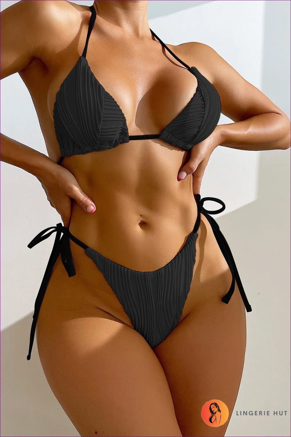 Turn Heads With Our Sexy Striped Bikini Featuring Lace-up And Split Details. Perfect For a Stylish Confident