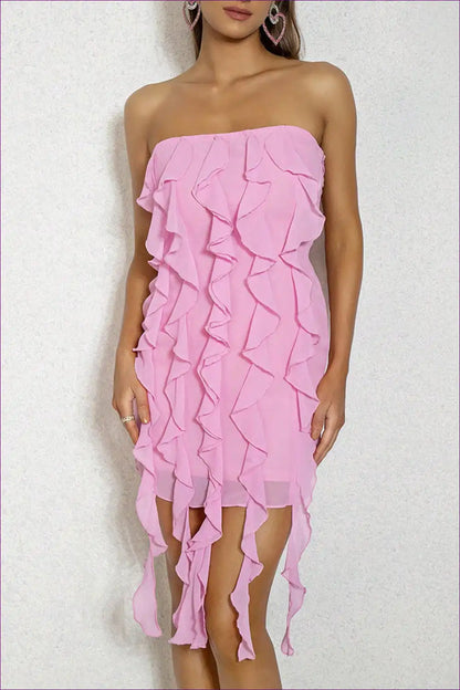 Get Ready To Turn Heads! Embrace Allure And Be The Life Of Party In This Sexy Tube Top Ruffle Dress. Flaunt