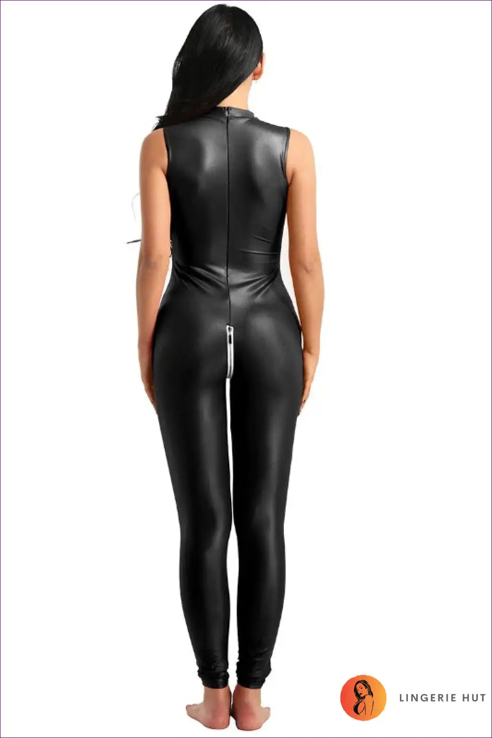 Step Into Allure With Lingerie Hut’s Sexy Zipper Patent Leather Jumpsuit. Element, Sultry Sleeveless Design,