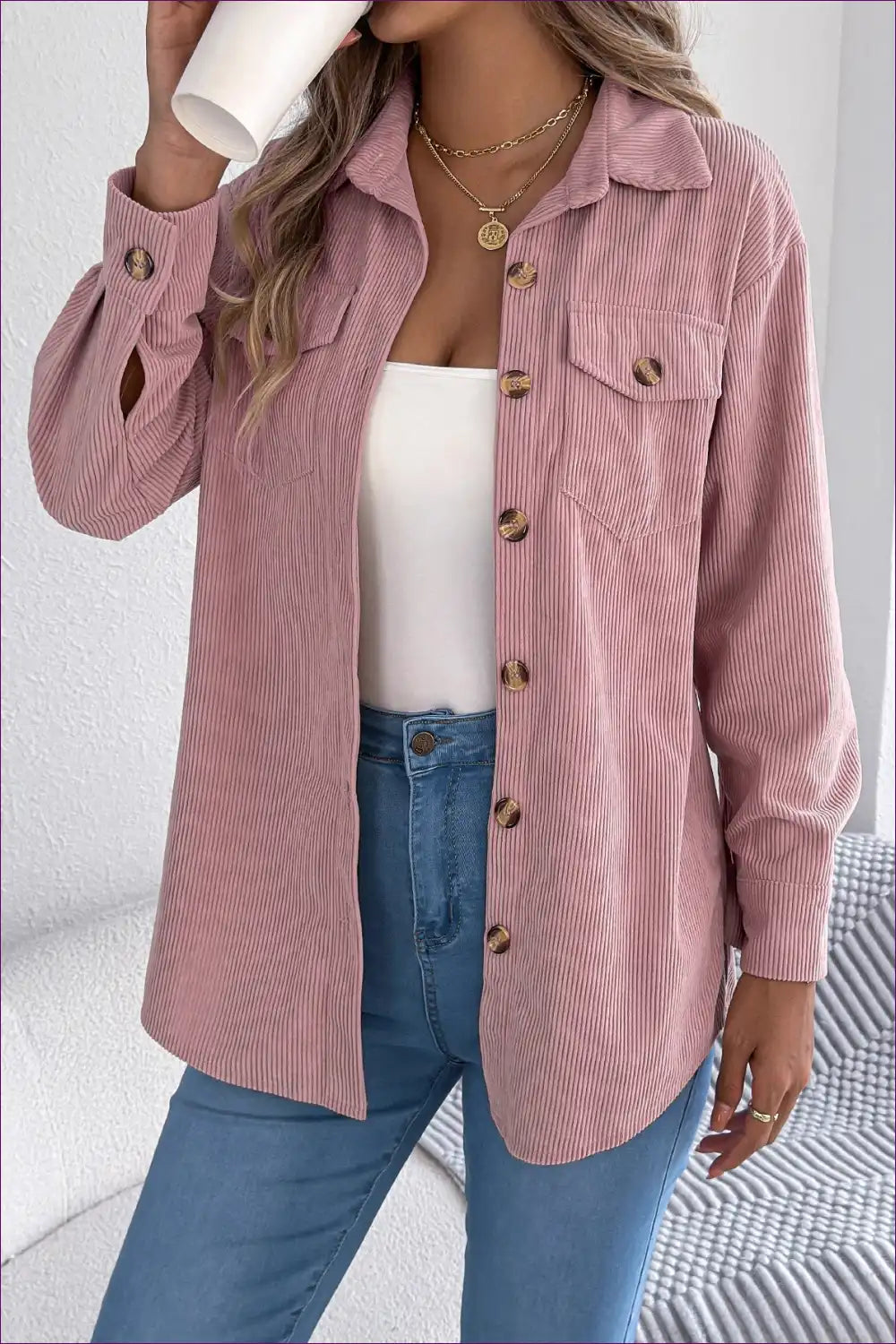 Shacket with Corduroy Texture - Weekend Wanderer for All Season, Autumn, Casual, Cotton, Everyday