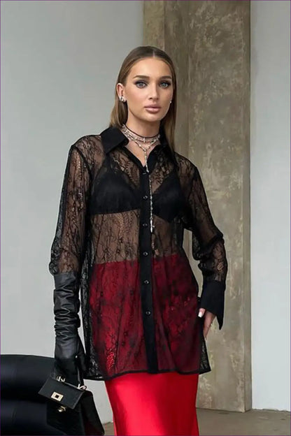 Sheer Black Lace Button-down Shirt - Gothic Glam for Autumn, Clubwear, Glamour, Lace, n