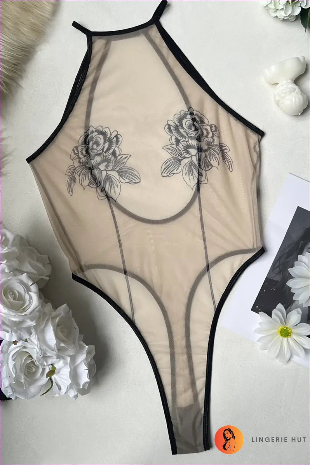 Sheer Bodysuit with Floral Appliqué Detail - Bold Bedroom Drama - Black Nude / s - Backless • Boudoir • Cutout • Date