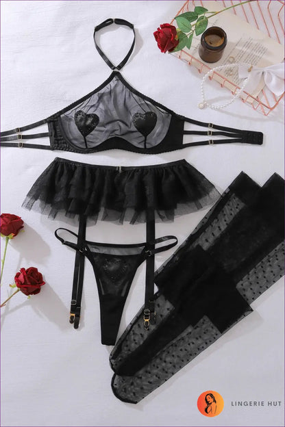 Sheer Bra Set with Skirted Garter - Bold Heart Energy - Black / s - Lingerie Hut - All Season • Boudoir • Halter