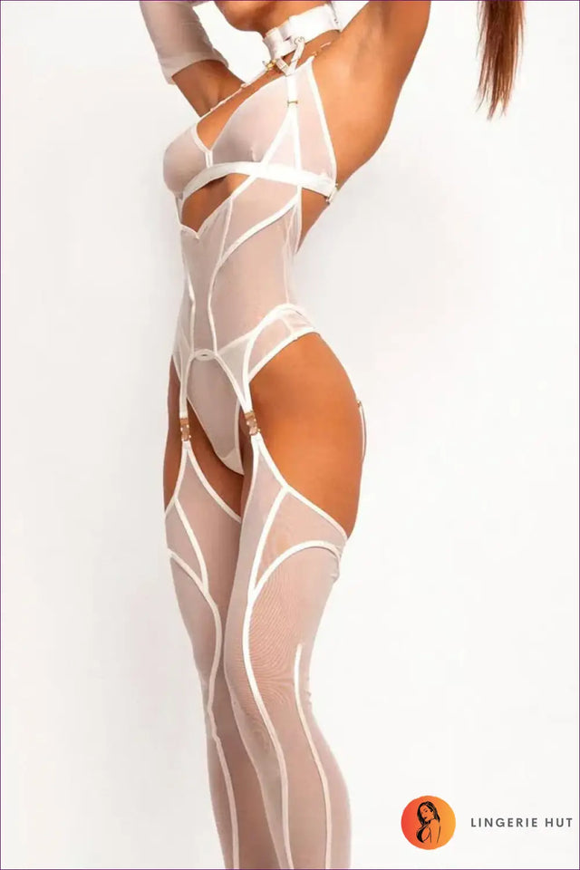 Sheer Mesh Cutout Bodysuit with Garter Detail