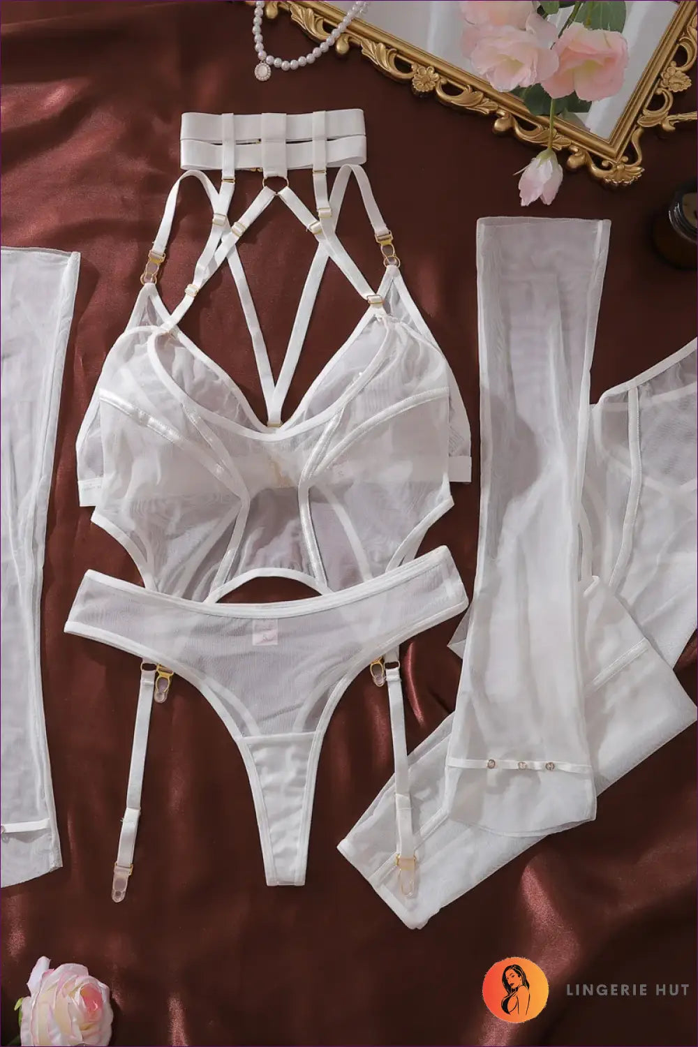 Sheer Mesh Cutout Bodysuit with Garter Detail - White / s - Bra Set - Date Night • Glamour - Lingerie Hut